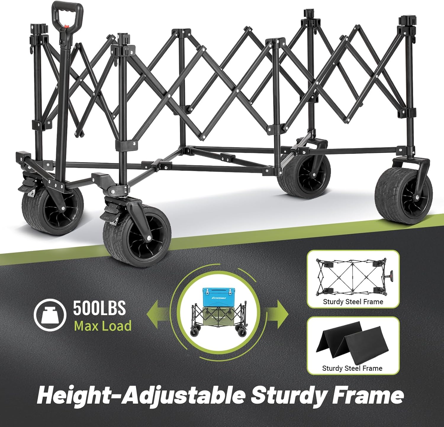 EchoSmile Collapsible Foldable Extended Wagon with 500lbs Weight Capacity, 300L Folding Utility Wagon Cart with Big All-Terrain Wheels for Beach,Sport,Gargen&Grocery,Green
