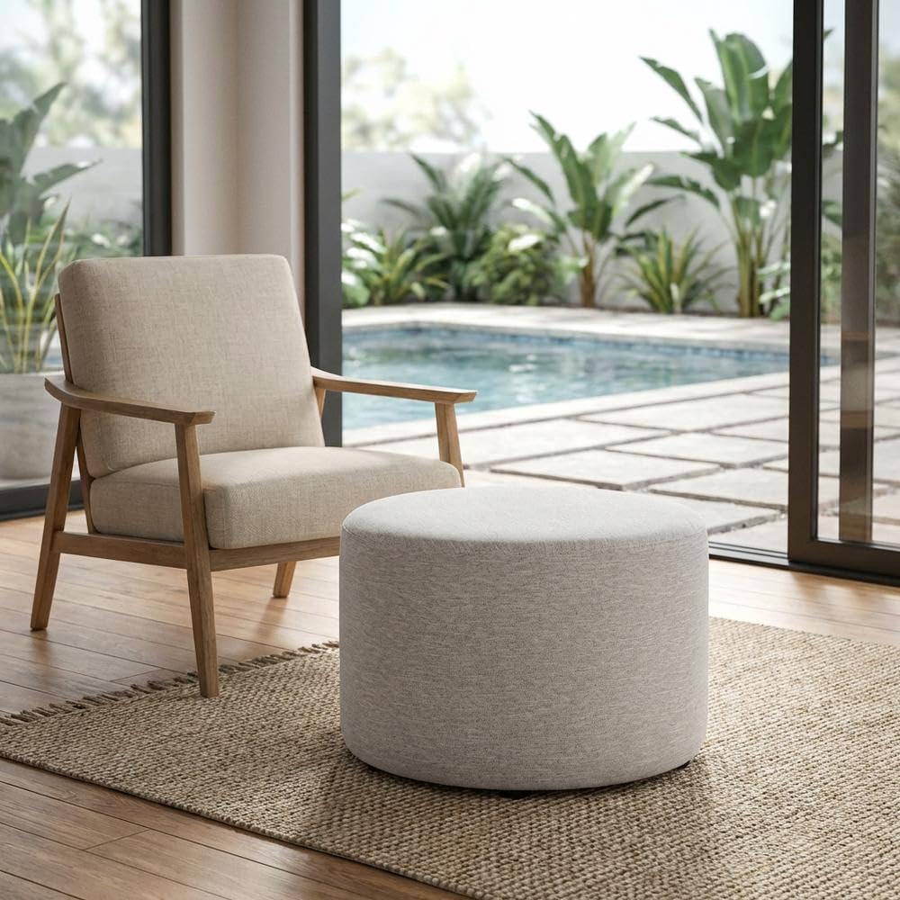 Gray 23" Round Woven Heathered Fabric Upholstered Ottoman, Outdoor Sitti...