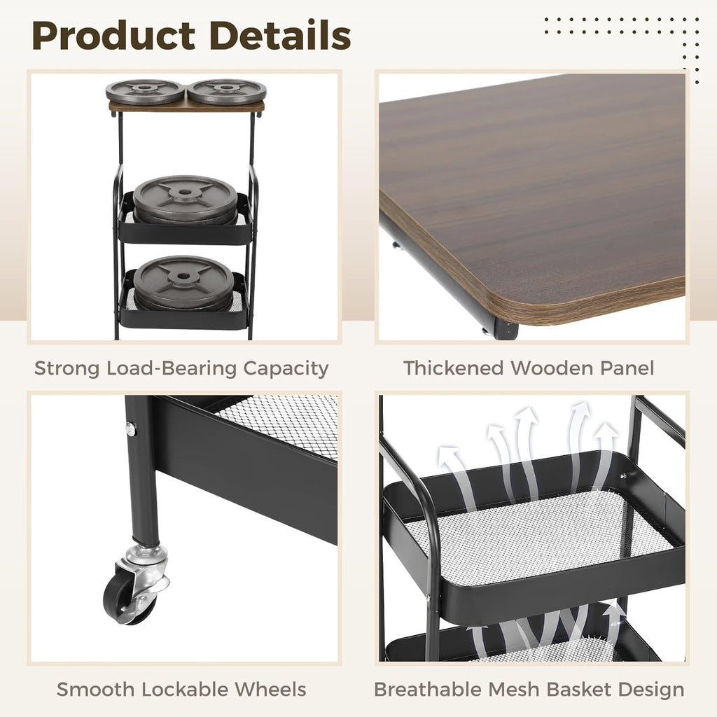 ZALIR 3 Tier Metal Rolling Utility Cart, Movable Storage Trolley with Wooden Table Top, Lockable Wheels, Multifunctional Organizer for Kitchen, Bathroom, Living Room & Bedroom (Black)