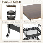 ZALIR 3 Tier Metal Rolling Utility Cart, Movable Storage Trolley with Wooden Table Top, Lockable Wheels, Multifunctional Organizer for Kitchen, Bathroom, Living Room & Bedroom (Black)
