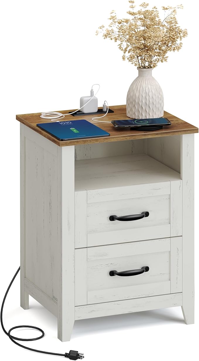 VASAGLE LIRY Collection - Farmhouse Nightstand with Charging Station, Bedside...