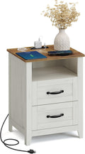 VASAGLE LIRY Collection - Farmhouse Nightstand with Charging Station, Bedside Table, Side Table with 2 Drawers, Open Compartment, for Bedroom, Rustic White and Honey Brown ULET669W0