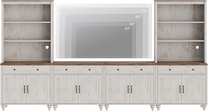 WAMPAT Entertainment Center with Bookshelves for TVs up to 75", Farmhouse Wall Unit TV Stand with 8 Doors & 4 Drawer, Media Console Table for Living Room, Bedroom & Home Theater, Rustic White
