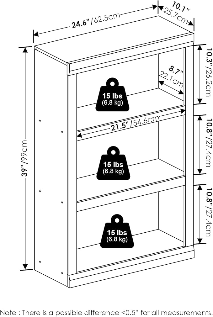 Furinno Rail 3-Tier Open Shelf Bookcase with Classic Style Edges, Amber Pine