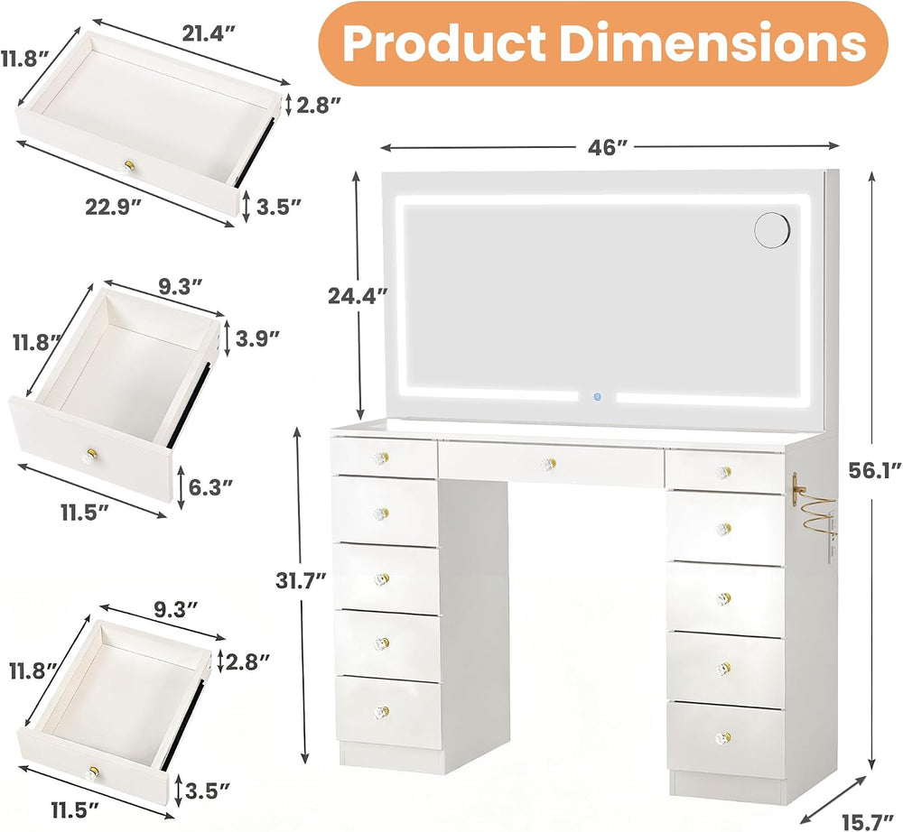 Pamapic Glass Top Vanity Desk with Crystal Handles and 11 Drawers, Makeup Van...