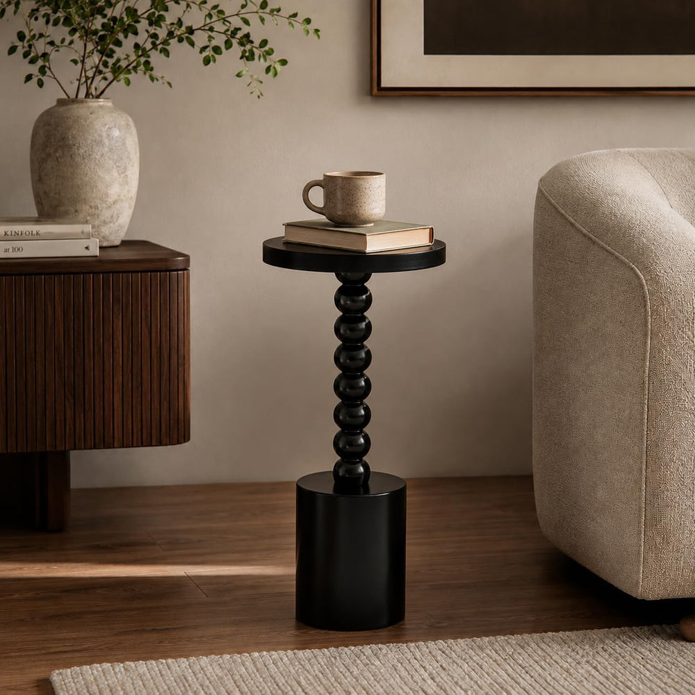 COZAYH Black Wood End Table with Round Top and Decorative Beaded Pedestal, Mo...