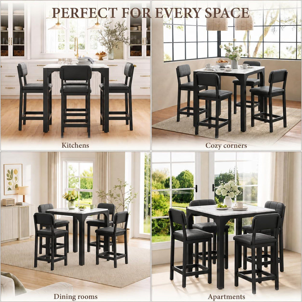 XIAO WEI 5-Piece Counter Height Dining Table Set for 4, Marble-Look, Grey