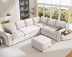 Vipbear 7 Seat L Shaped Modular Sectional Sleeper Sofa Bed with Ottoman/Pull Out Bed/Reclining Backrest/USB Ports/Table/LED Light/Storage Seat, Tool-Free Assembly, Chenille Beige