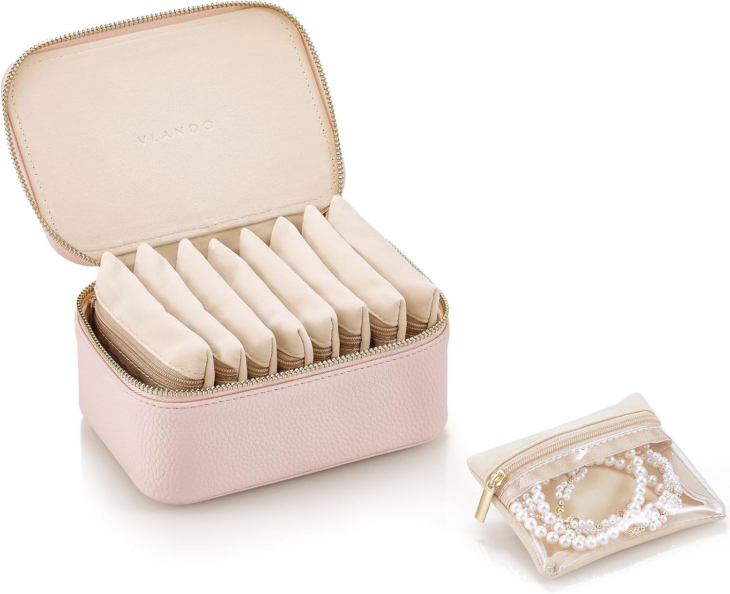 Vlando Gifts for Women, Jewelry Box with 8 Velvet Jewelry Bags Travel Jewelry Case for Women Girls Jewelry Organizer Necklace Rings Earrings Bags Gift Ideas for Birthday Bride (Pink)
