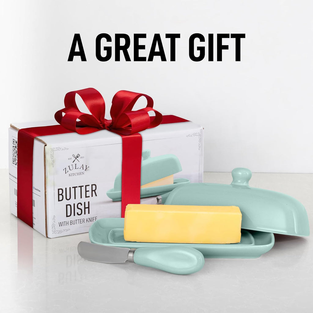 Zulay Butter Dish With Lid For Countertop - Porcelain White, Ceramic Butter Dish with Knob Handle Great for Cooking - Elegant Design Butter Holder - Durable & Sturdy Butter Keeper - Mint