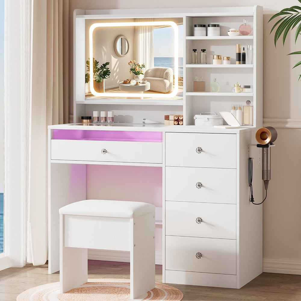 LIVELYGLOW 39.4" White Vanity Desk Set with Glass Desktop & RGB Ligh...