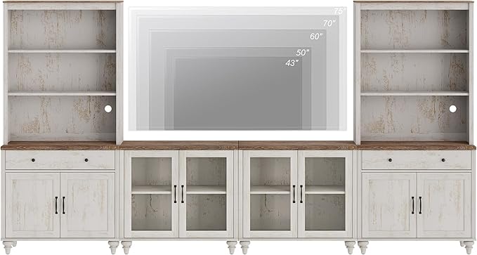 WAMPAT TV Stand with Bookshelves for TVs up to 75", Farmhouse Wall Unit Entertainment Center with Doors & Drawer, Media Console Table for Living Room & Bedroom & Home Theater, Rustic White