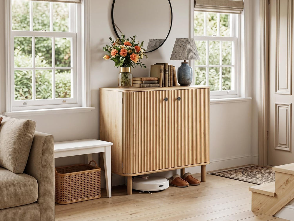 Fluted Sideboard Buffet Cabinet with Storage, 31'' Natural Oak Wood B...
