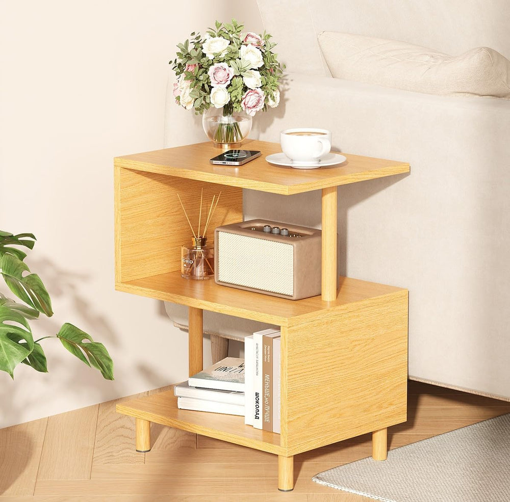Apicizon S-Shaped Side Table, 3-Tier Nightstand with Solid Wood Legs, Slim Be...