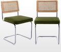 Zesthouse Natural Rattan Dining Chairs Set of 2, Olive Green Modern Kitchen Chairs with Solid Wood Back & Chrome Base, Mid Century Breuer Design Inspired, Upholstered Velvet Fabric