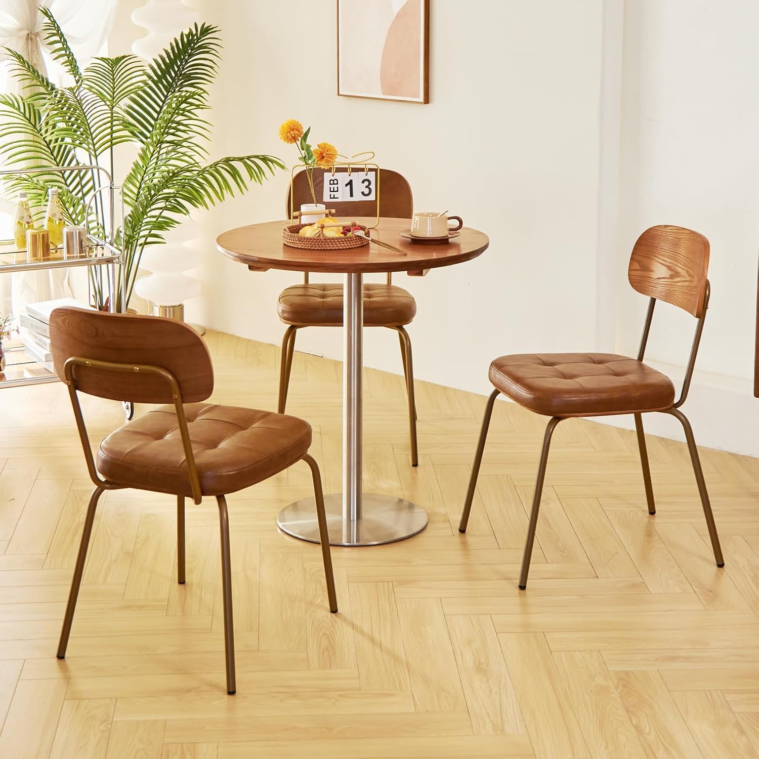 Mid Century Modern Dining Chairs Set of 2, Retro Chair with Faux Leather Upholstered Seat & Solid Wood Backrests & Vintage Distressing Metal Legs & Leg Protectors for Kitchen Dining Room (Brown)