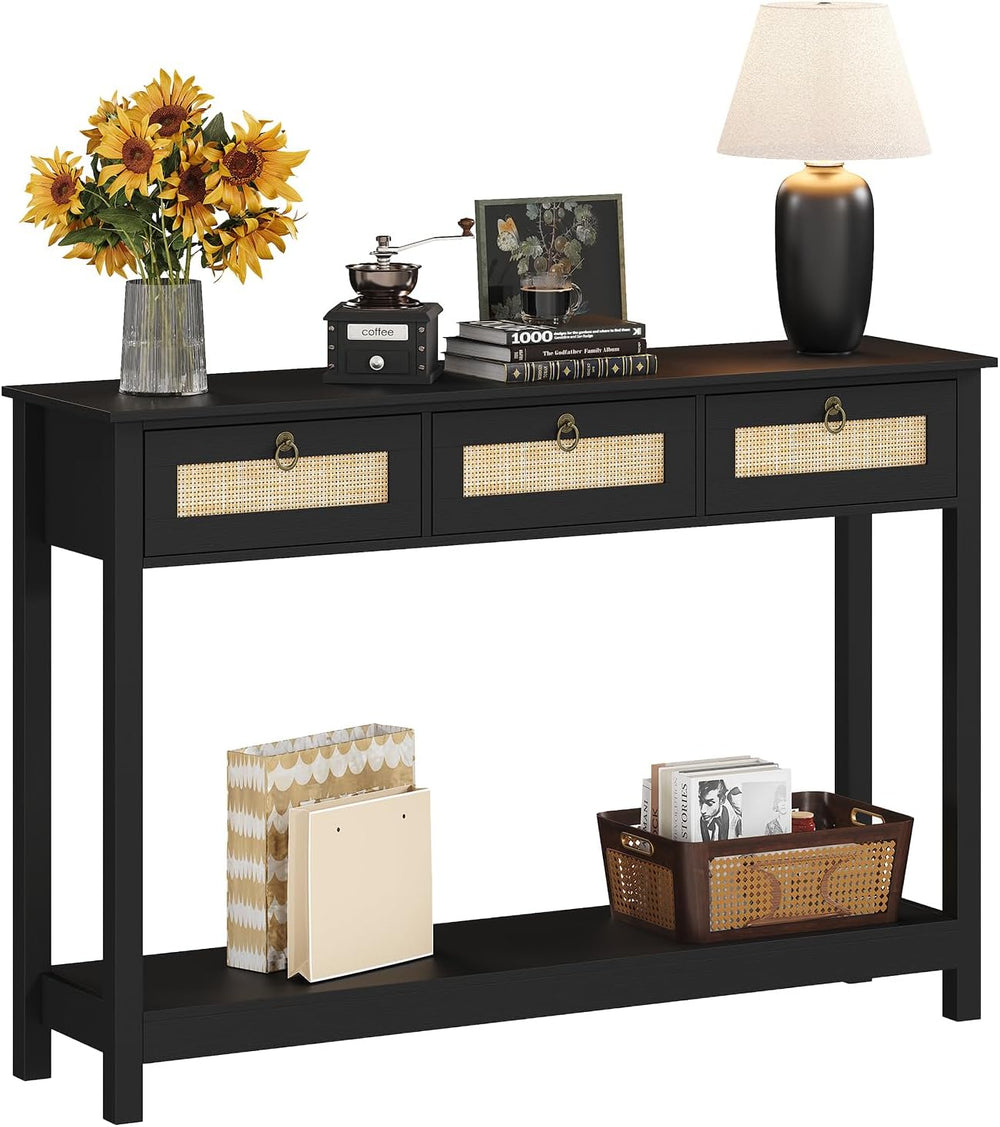 LAZZO 47.3" Rattan Console Table Narrow Entryway Sofa Table with 3 Drawe...