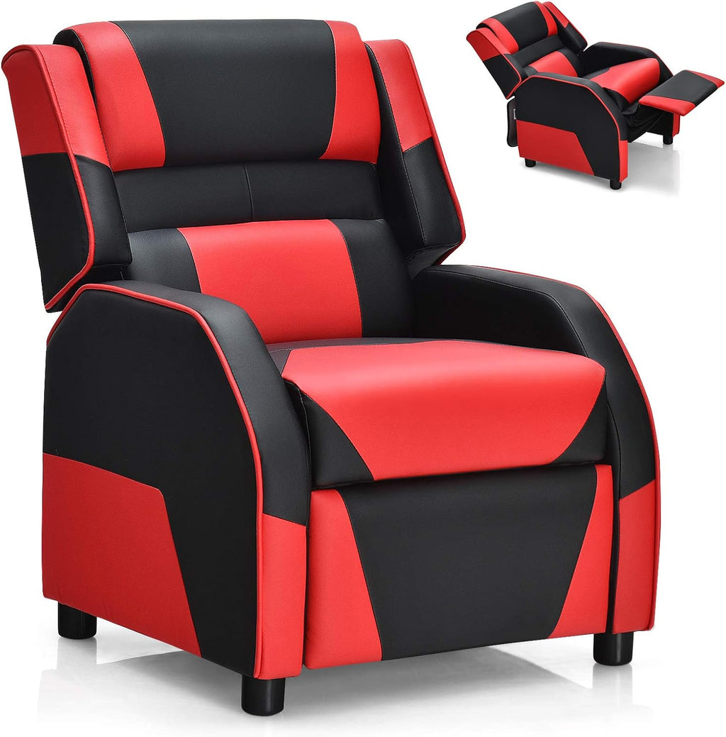 Costzon Kids Recliner, Gaming Recliner Chair w/Footrest, Headrest & Lumbar Support, Ergonomic Leather Lounge Chair for Living & Gaming Room, Adjustable Racing Style Sofa for Children Boys Girls, Red