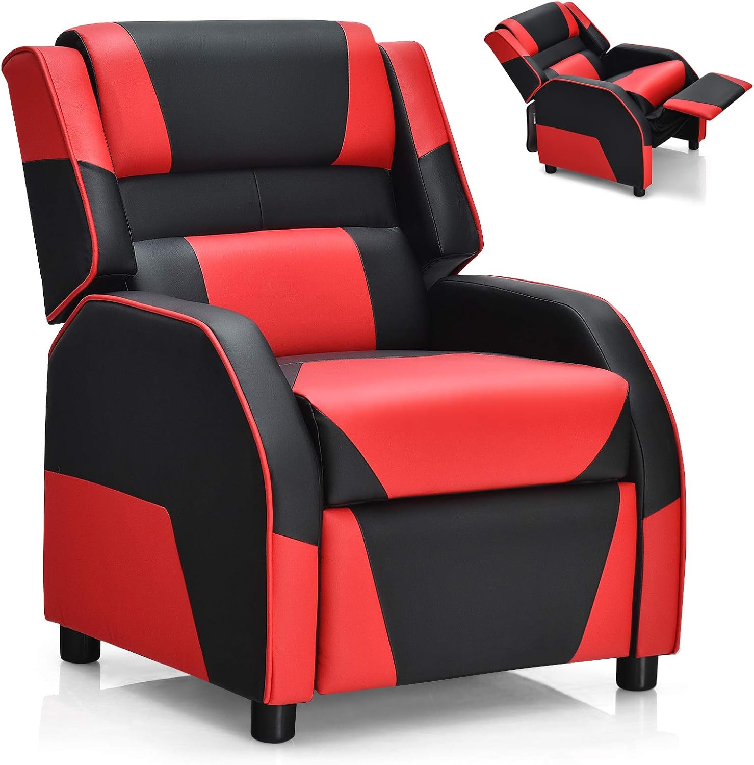 Costzon Kids Recliner, Gaming Recliner Chair w/Footrest, Headrest & Lumbar Support, Ergonomic Leather Lounge Chair for Living & Gaming Room, Adjustable Racing Style Sofa for Children Boys Girls, Red