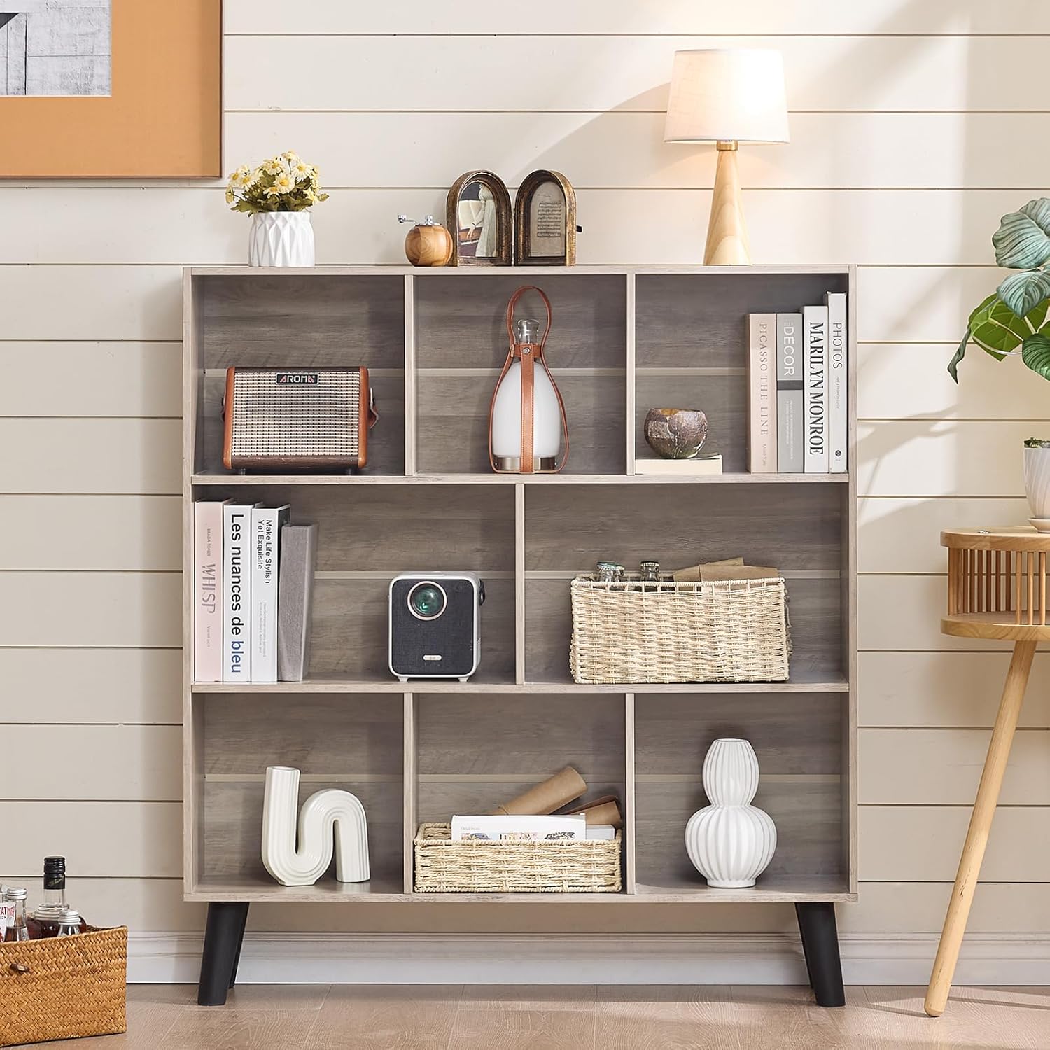 LEYAOYAO 8 Cube Bookshelf,3 Tier Bookcase with Legs,Modern Grey Mid-Century Bookshelves,Large Farmhouse Open Storage Organizer Shelf, Retro Wooden Display Book Case for Bedroom,Living Room,Office