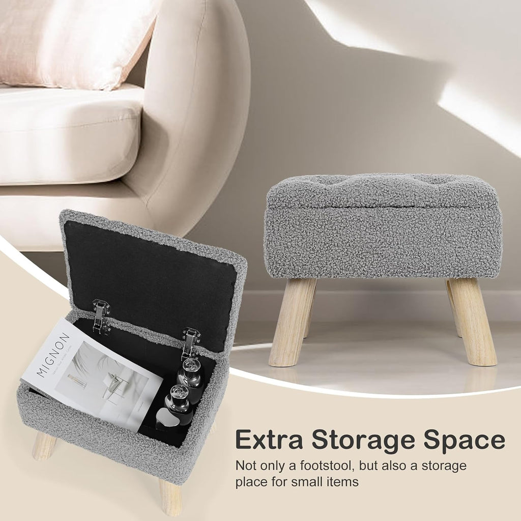 OGEMXU Storage Ottoman, Small Storage Ottoman Foot Stool with Wood Legs, Teddy Velvet Rectangular Foot Rest for Chair, Soft Sponge White Footstool for Living Room, Couch, Bedroom, Dorm (Grizzly)