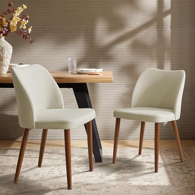 Dining Chairs Set of 2, Upholstered Kitchen Dining Room Chair Set Morden Accent Side Dinner Chair with Curved Padded Back Wood Legs for Restaurant/Cafe, Ivory
