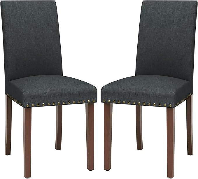 TLSUNNY Upholstered Dining Chairs Set of 2/4, Tufted Parsons Design with Nail Head Trim, Solid Wood Legs and Padded Seat, Comfortable Fabric for Dining Room, Kitchen (Gray, Set of 2)