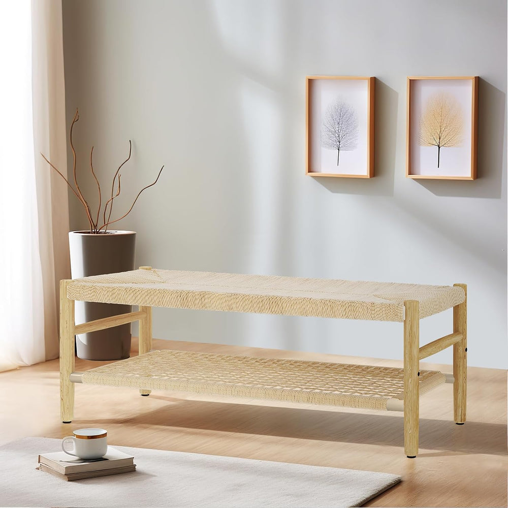 Recaceik Indoor Entryway Bench with Paper Cord Ottoman & Grid Storage Rac...