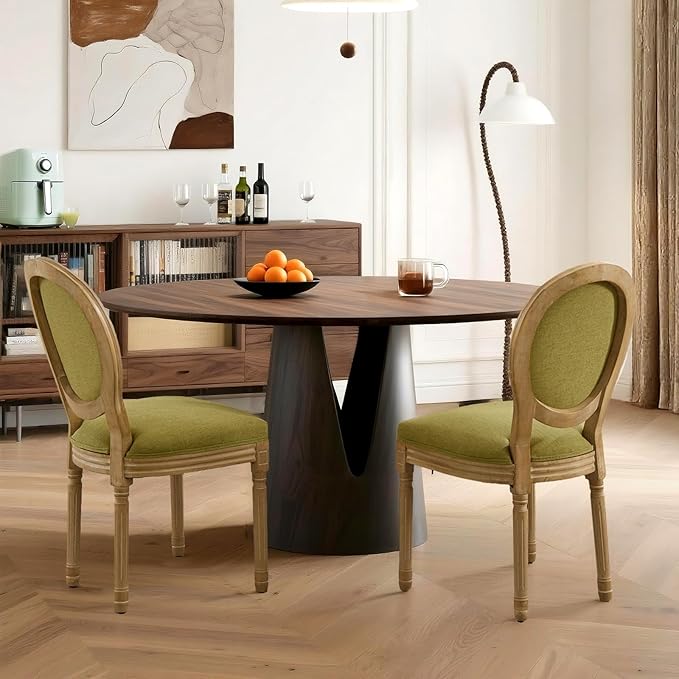 French Country Dining Chairs Set of 6,Farmhouse Upholstered Dining Room Chairs with Round Back and Solid Leg,Fabric Kitchen Side Chairs for Kitchen/Bedroom/Dining Room,Green