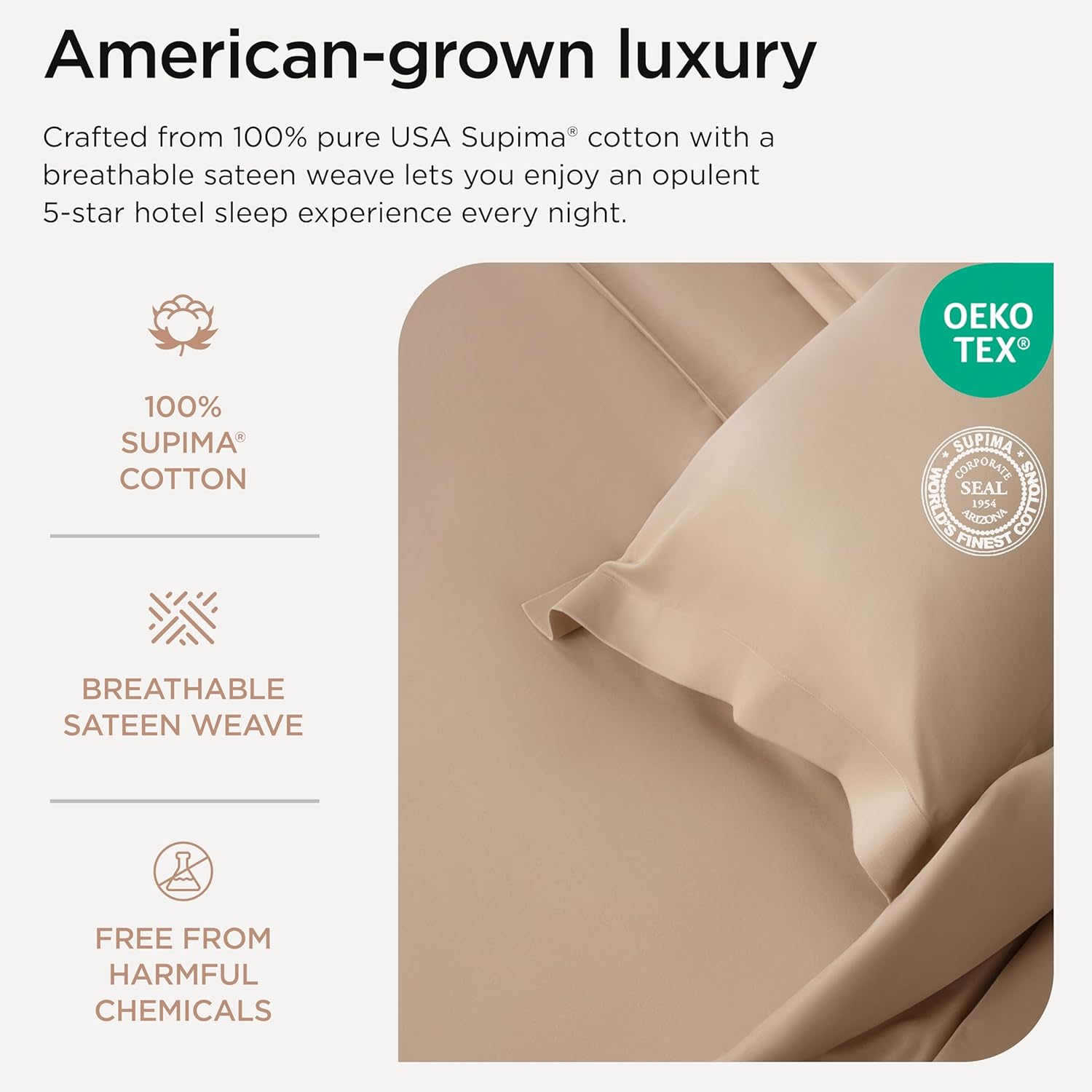 Threadmill American Supima King Size Sheets Set | 656 Thread Count 4 Piece Luxury Bed Sheets for King Size Mattress | 5 Star Hotel Quality Sheets with Elasticized Extra Deep Pocket | Beige Sheets