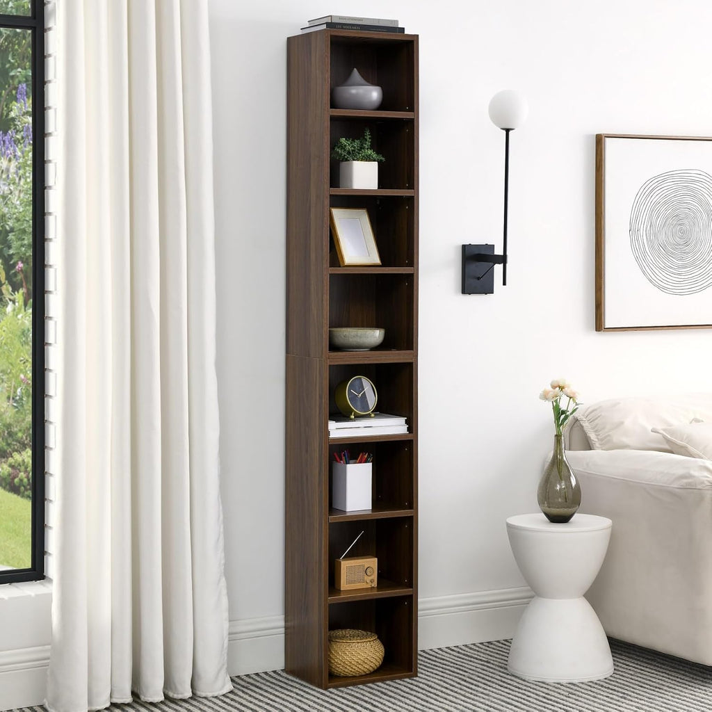 8-Tier CD Storage Cabinet, Slim DVD Shelf Narrow Bookshelf, Disassembled CD DVD Media Tower Rack with Adjustable Shelves for Home Office 11.6l'' x 9.25w'' x 70.8h'' Walnut