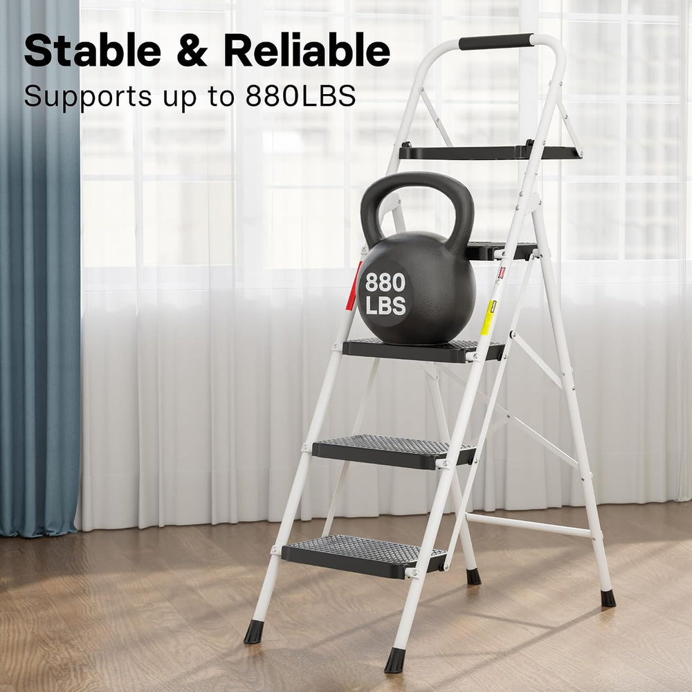 BONTEC 4-Step Ladder, Folding Step Stool, 880lbs Max Load, White