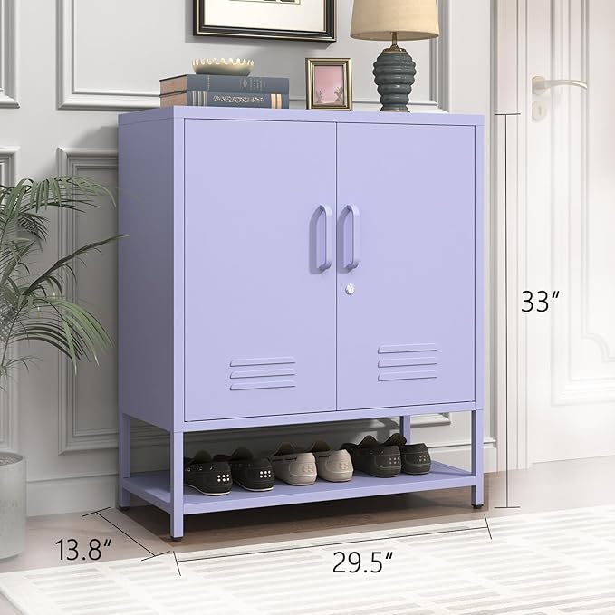 Metal Shoe Storage Cabinet with Lock, 2-Door Multifunctional Shoe Organizer with Adjustable Shelf & Bottom Shoe Rack, Freestanding Entryway Furniture, Purple 33" H X 29.5" W X 13.8" D