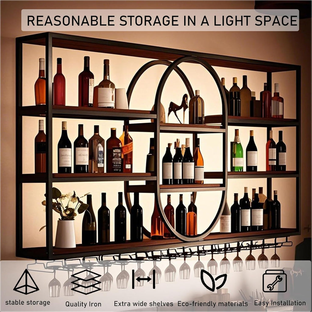 Large Wall Mount Wine Rack, Metal 4 Tier Large Capacity Hanging Bar Rack with Wine Glass Holder, Oval Wine Bottle Storage Display Rack for Kitchen, Living Room, Home (H, 71in)
