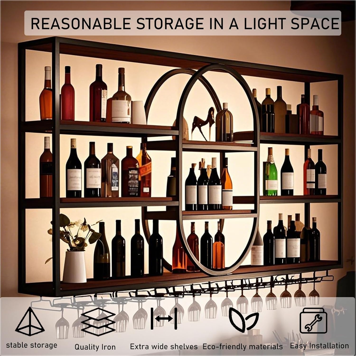 Large Wall Mount Wine Rack, Metal 4 Tier Large Capacity Hanging Bar Rack with Wine Glass Holder, Oval Wine Bottle Storage Display Rack for Kitchen, Living Room, Home (Black, 160cm/63in)