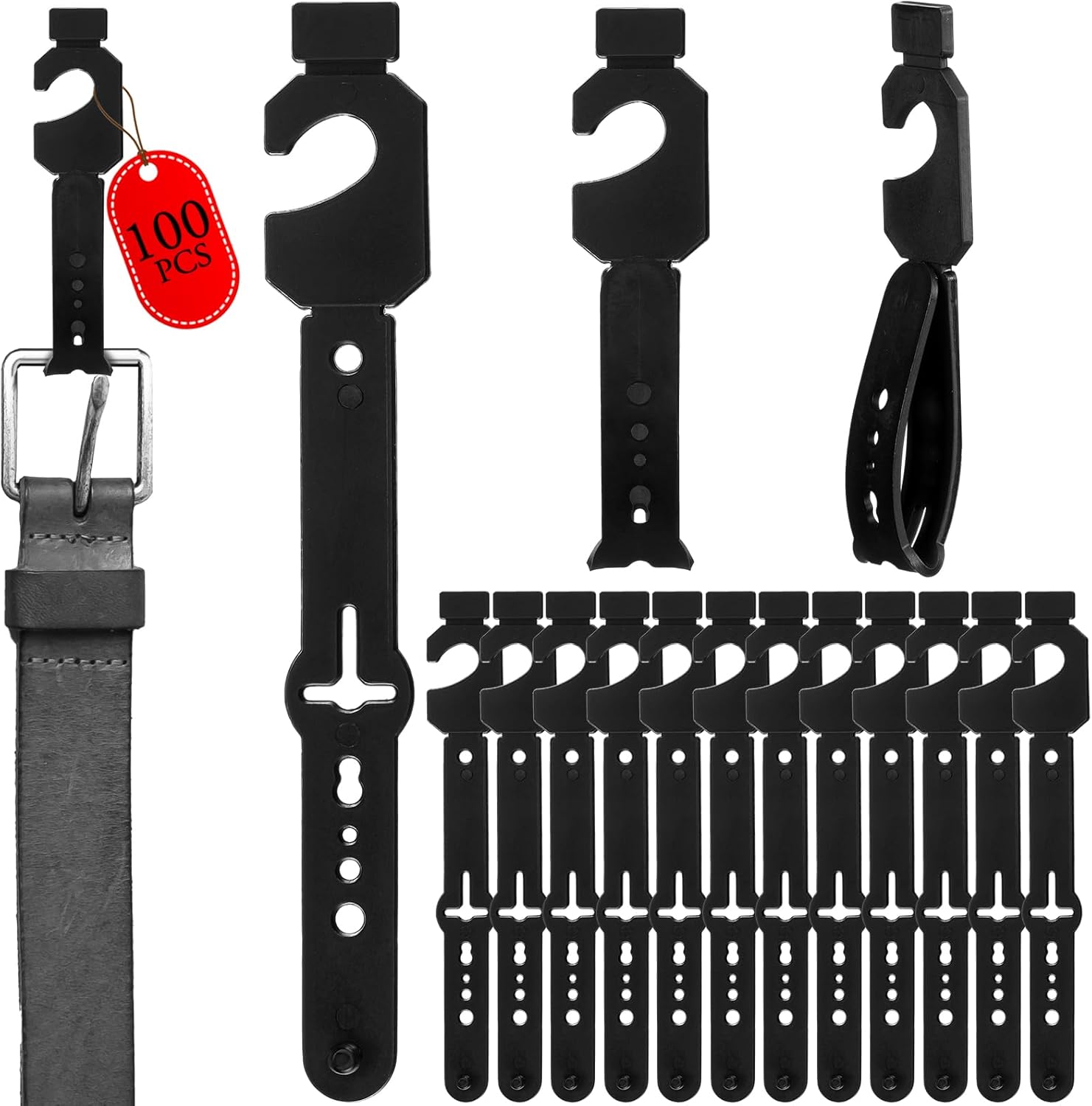 Geelin 100 Pack Belt Hanger, Black Plastic Tie Hangers Bulk for Men & Women, Non-Slip Space Saving Closet Organizers and Storage, Durable Retail Display Hooks for Wardrobe, Accessories