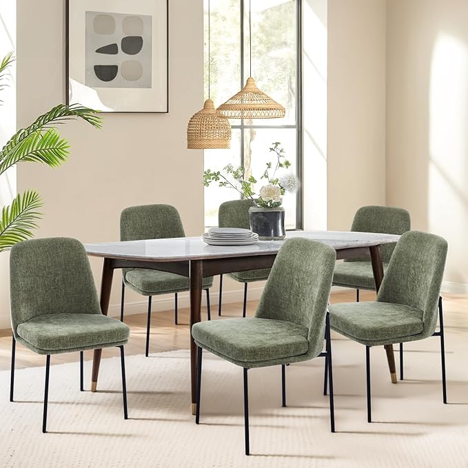 COLAMY Dining Chairs Set of 6, Modern Dining Chairs, Fabric Upholstered Dining Chairs, Kitchen Chairs with Curved Back and Metal Legs for Dining Room Kitchen Restaurant, Green