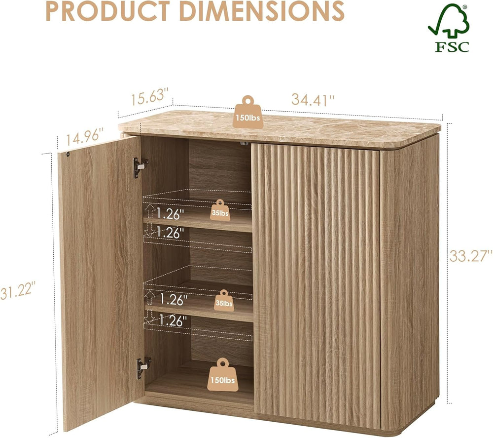 Fluted 2 Doors Sideboard Cabinet with Storage, 34" Wooden Credenza with ...