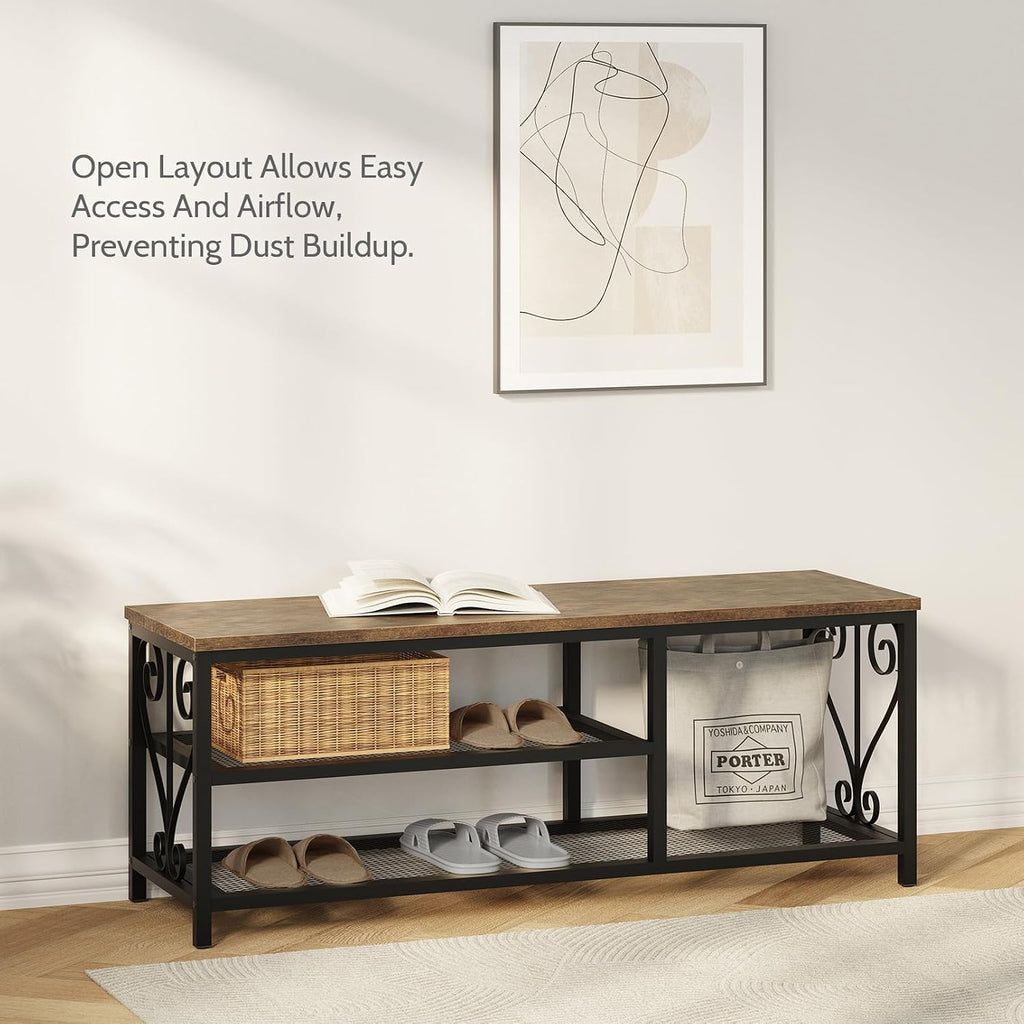 Entryway Storage Bench with Shoe Rack, 47.2" Wide Hallway Bench with Seating, Rustic Wood Top & Metal Frame, 2-Tier Shoe Organizer for Entryway, Bedroom, or Living Room, Brown