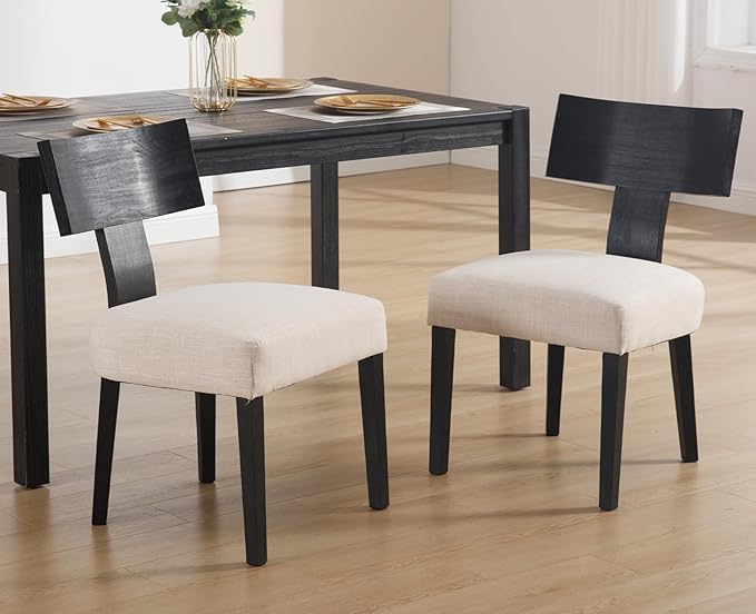 chairus Farmhouse Dining Chairs Set of 2, Upholstered Accent Chairs with Black T-Shape Wood Back Armless Kitchen Chairs with Soft Pad, Linen Beige