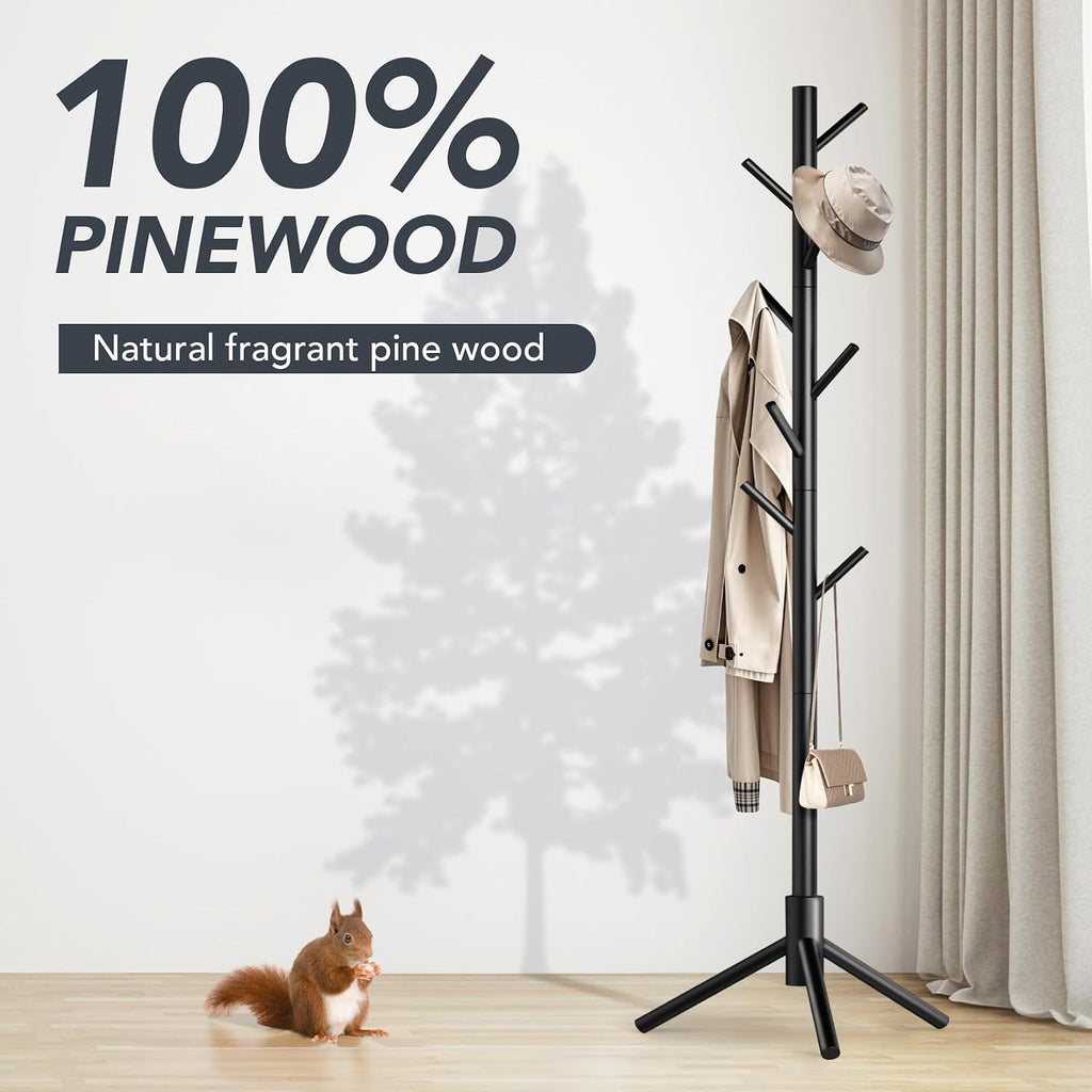Wooden Coat Rack Freestanding with 8 Hooks,Easy Assembly New Zealand Pine Tree Coat Racks, 3 Adjustable Sizes for Clothes, Hats, Bags, for Entryway, Hallway, Bedroom, Office (Black, 1 PC)