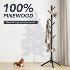 Wooden Coat Rack Freestanding with 8 Hooks,Easy Assembly New Zealand Pine Tree Coat Racks, 3 Adjustable Sizes for Clothes, Hats, Bags, for Entryway, Hallway, Bedroom, Office (Black, 1 PC)