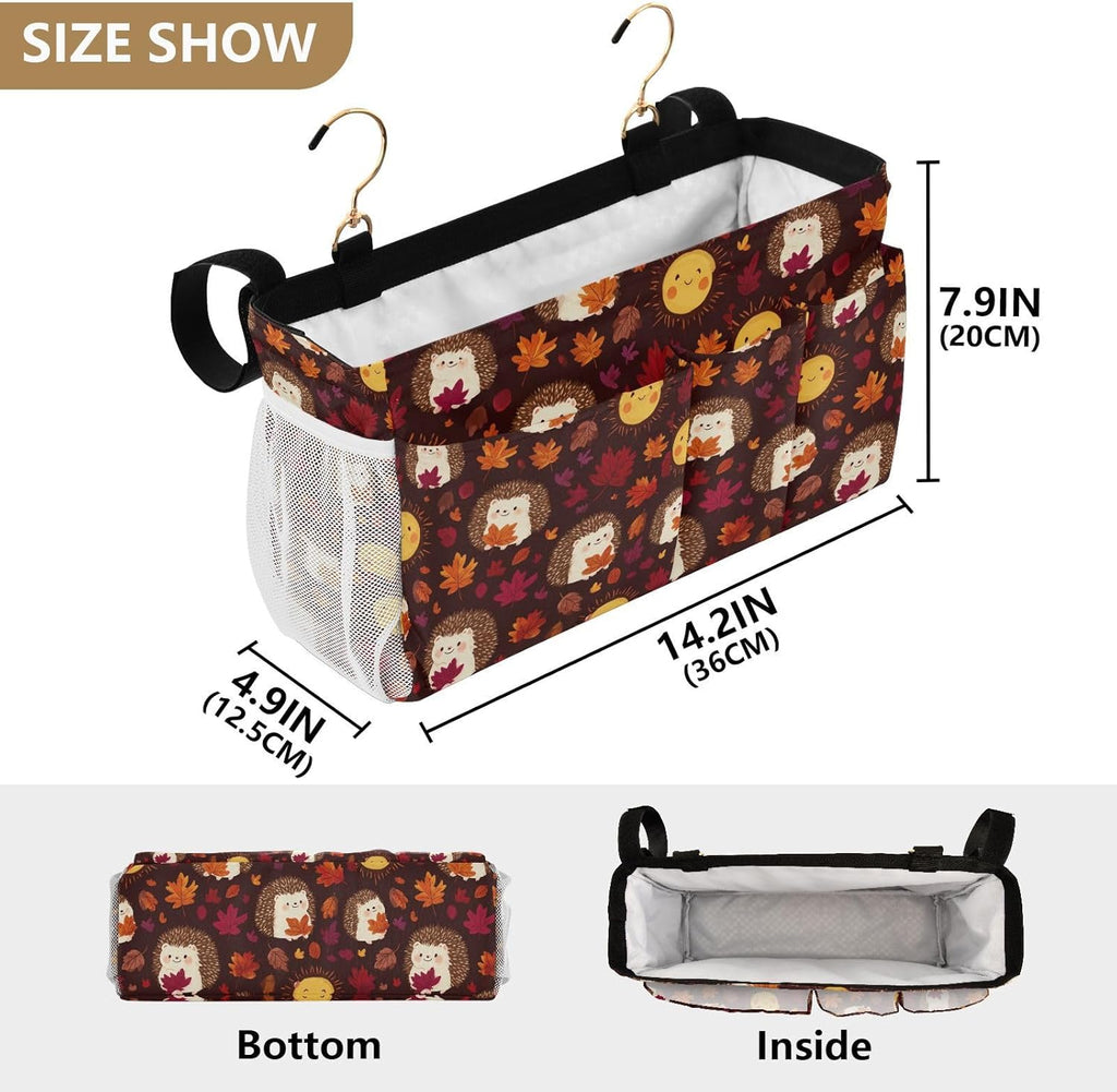 Autumn Leaves Sun Hedgehogs Brown Bedside Caddy for Dorm Bed Bedside Hanging Caddy Bag Iron Frame Storage Organizer Pocket for Bunk Home College Hospital Beds 2 Hooks