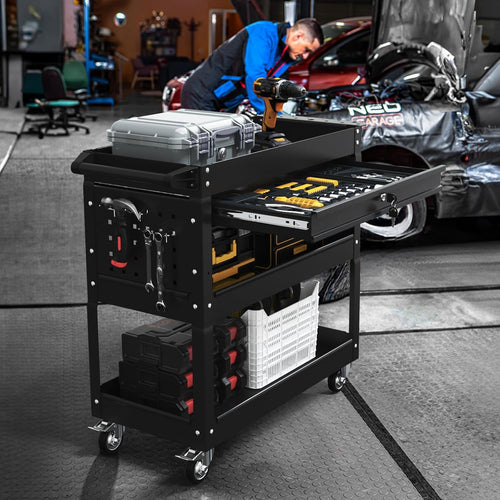 3-Tier Rolling Utility Cart, Metal Heavy Duty Utility Cart on Wheels with Lockable, 330 lb. Load Large Storage Capability Tool Cart for Garage, Warehouse, Repair Shop, Black
