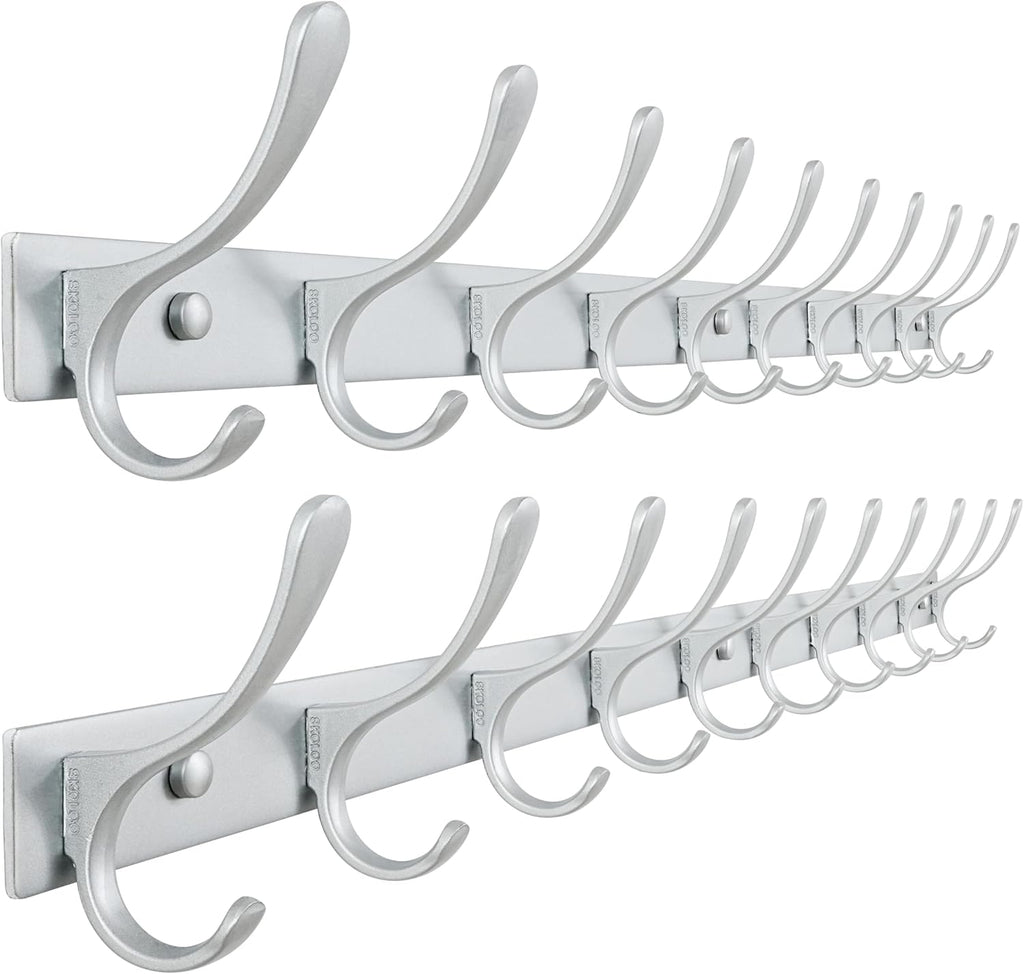 SKOLOO Coat Rack Wall Mounted - 10 Hooks, Pack of 2, Heavy Duty, Stainless Steel, Metal Wall Hangers, Sturdy Coat Hooks for Hanging Coats, Jacket, Clothes, Hat, Cold Light Silver