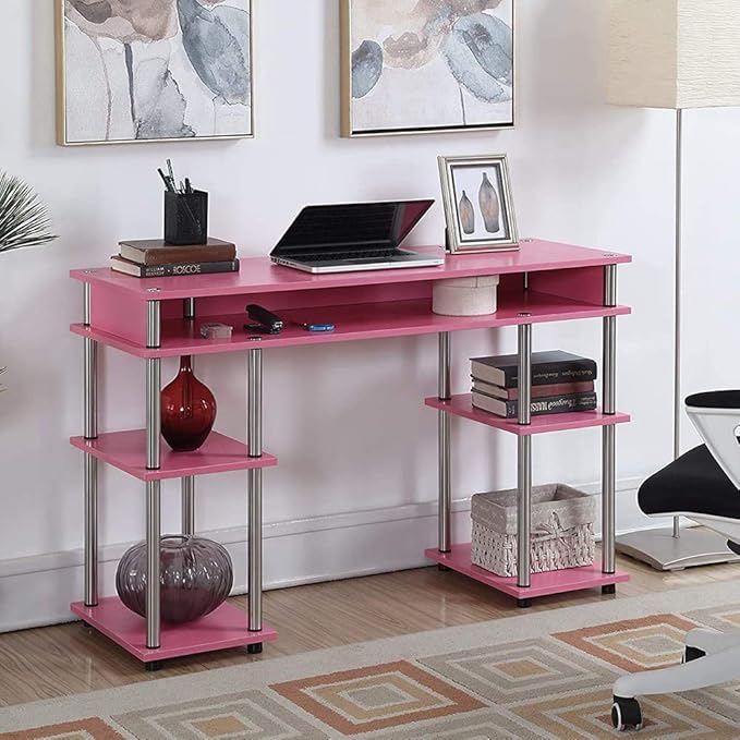 Convenience Concepts Designs2Go No Tools Student Desk 47.25" - Contemporary Office, Dorm Room Desk and Vanity with Storage Shelves, Pink