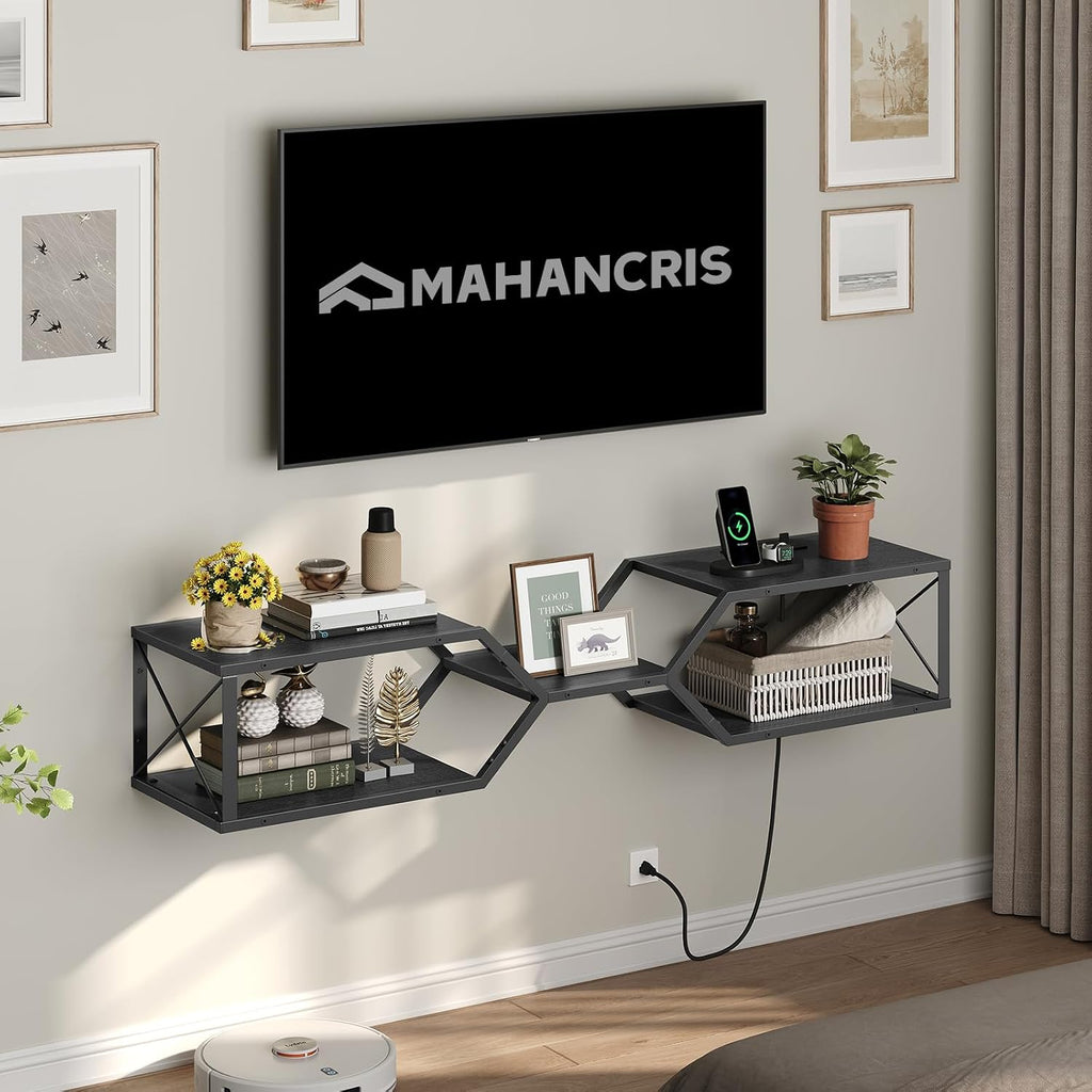 MAHANCRIS Floating TV Stand with Power Outlet, Wall-Mounted TV Shelf with X-Shaped Frame, Floating Entertainment Center with Storage, for Living Room, Bedroom, Black TVBK301E01