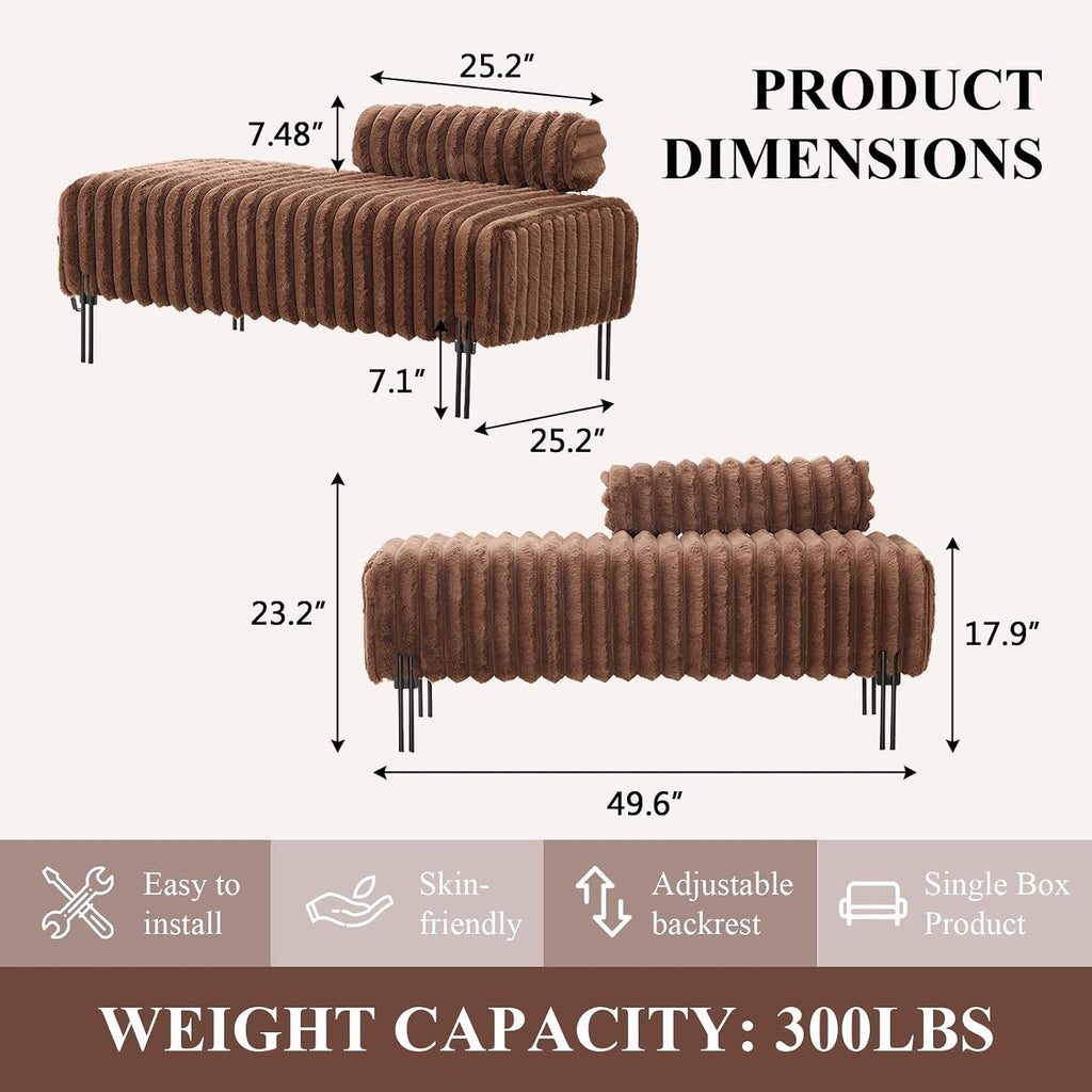 Ottoman Bench, Loveseat Sofa Couch with Adjustable Backrest | 49.6" Accent Sofa, Faux Fur Upholstered, Metal Legs, 300LBS Weight Capacity, End of Bed Bench for Bedroom, Brown-Faux Fur