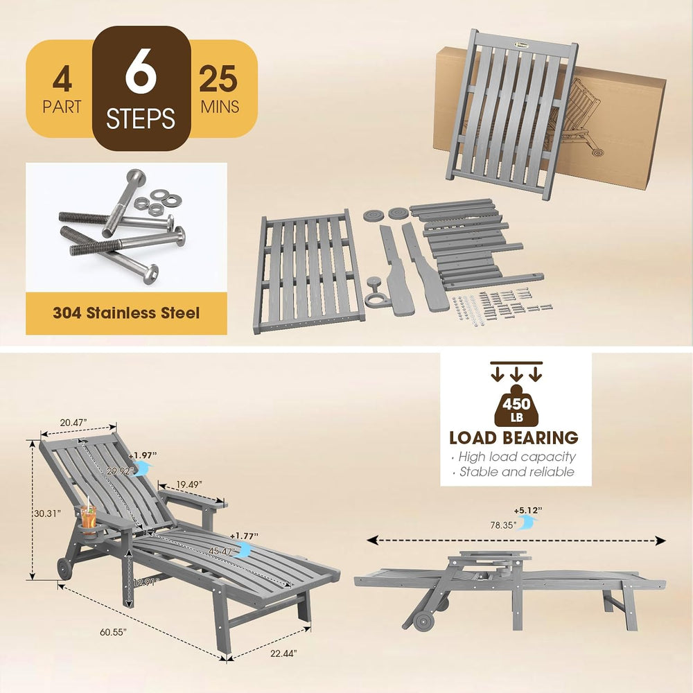Outdoor Chaise Lounge Chair Set of 2,HDPE lounge chair outdoor with Wheels | ...
