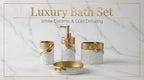 Hymmah Bathroom Accessories Set,Golden Design Toothbrush Holder,Farmhouse Bathroom Decor,4 Pcs Resin Gift Set Apartment Necessities, Contain Toothbrush Cup,Soap Dispenser,Soap Dish,Tumbler